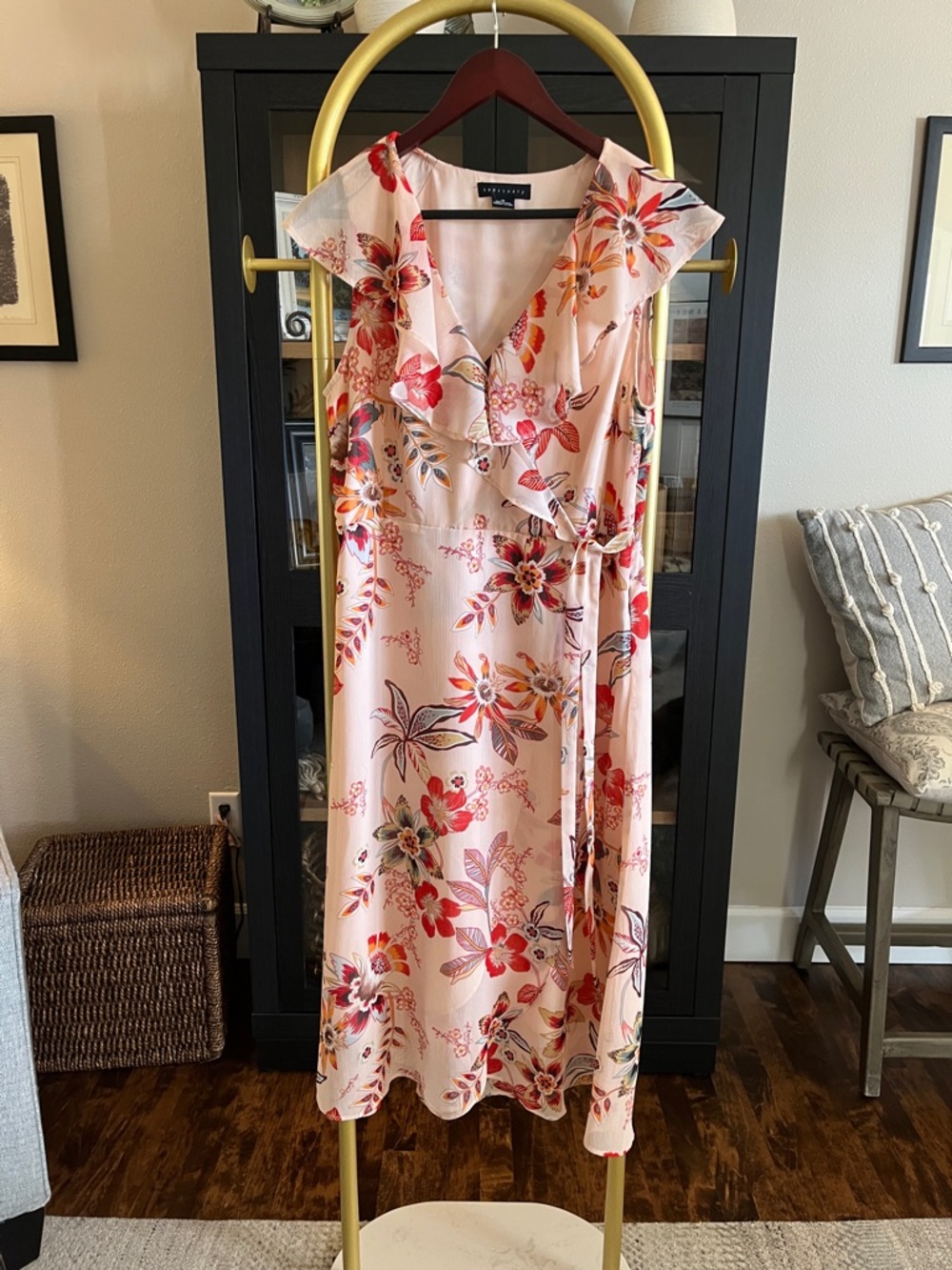 Sanctuary Jolynn Wrap Pink Floral Midi Dress with Ruffle Neckline